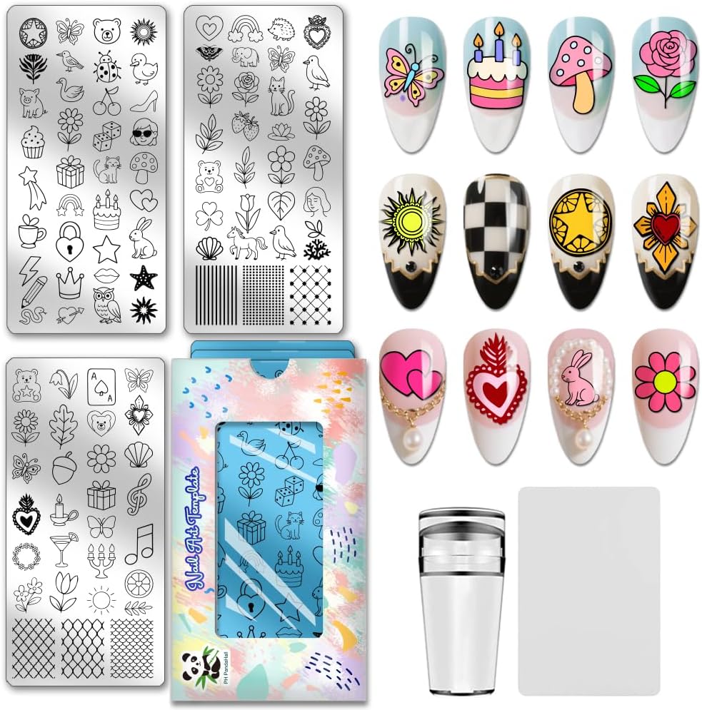PH PandaHall 3pcs Cute Animals Nail Stamping Plates Flower Fruit Nails Art Templates Dessert Cake Nails Image Plates Cartoon Pattern Manicures Art Stencils for Women Manicures Salon Design Printing
