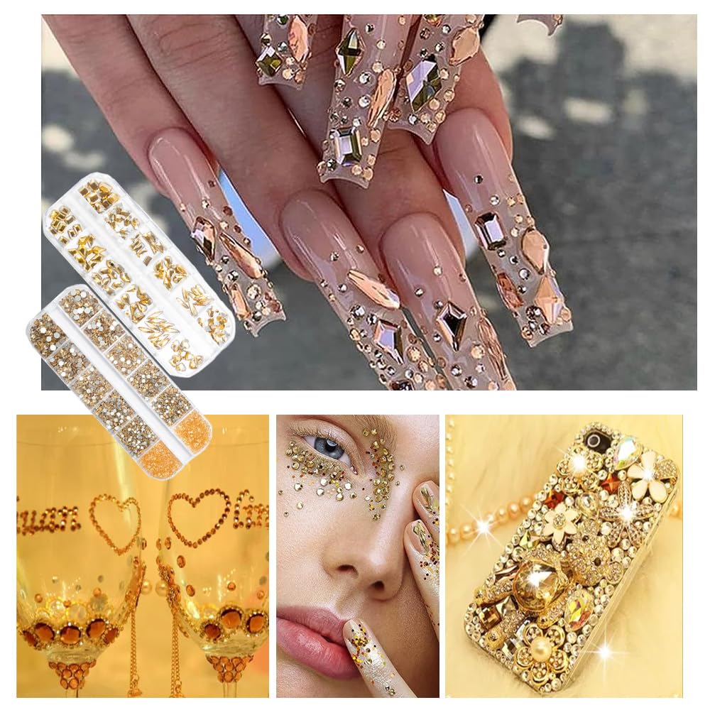 2680Pcs Champagne Gold Nails Rhinestones, 120Pcs Big Golden Nail Charms, Diamond Gems Stones with K9 Bling Flatback Round Beads, Clear Glass Crystal Jewelry for Nails Faces Eyes Makeup Decoration