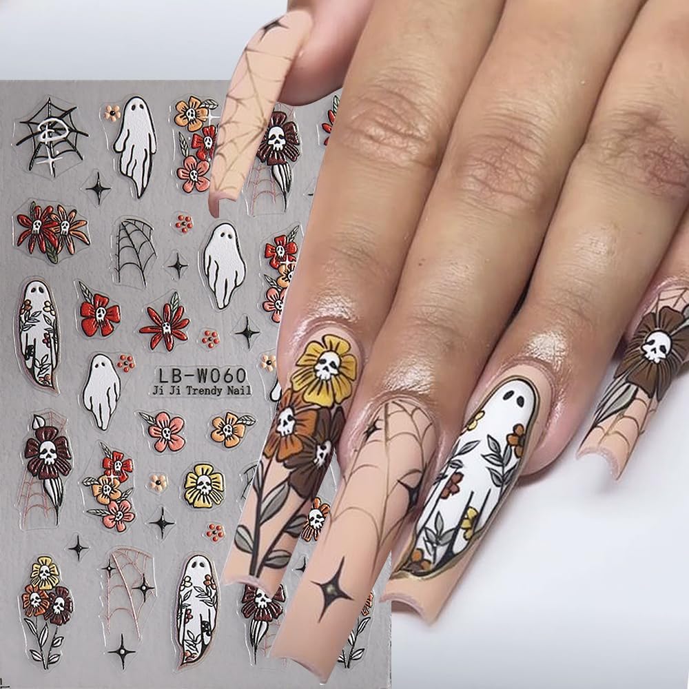 4 Sheets Halloween Nail Art Stickers 3D Self-Adhesive Goth Nail Stickers Flower Skull Ghost Designs Skeleton Nail Decals Nail Art Supplies for Women Acrylic DIY Halloween Holiday Nail Decoration DIY