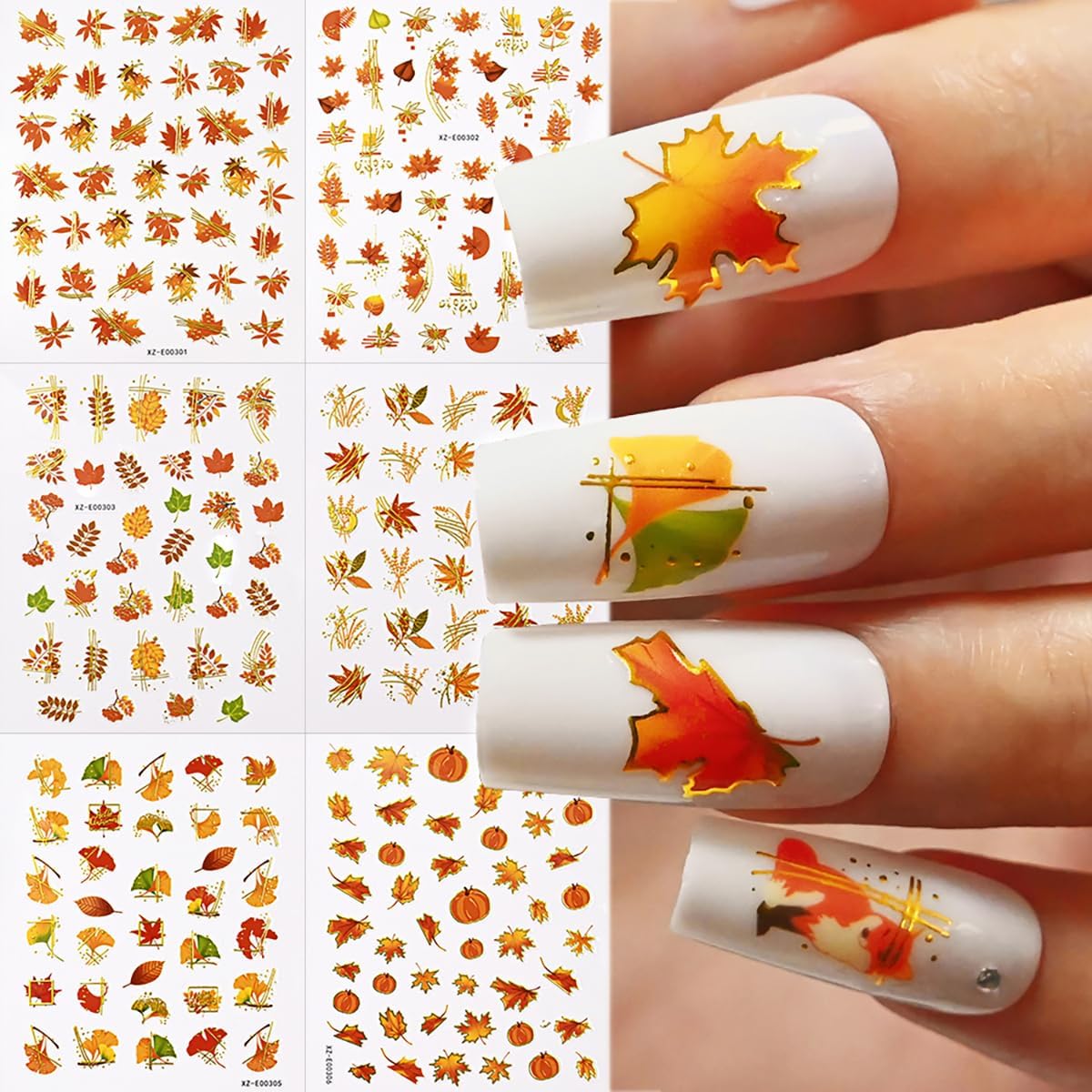 6 Sheets Gold Fall Nail Stickers Autumn Maple Leaf Nail Decals Cute Pumpkin Fox Ginkgo Fallen Leaves Nails Designs 3D Self-Adhesive Thanksgiving Nails Art Supplies for Women DIY Manicure Decorations