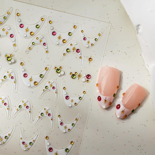 1 Sheets White French Tip Nail Decals for Nail Art 5d Star Diamond Nail Stickers Embossed French Tips Nail Art Stickers Self-Adhesive Colorful Rhinestones Stars Nail Design Sticker for Women