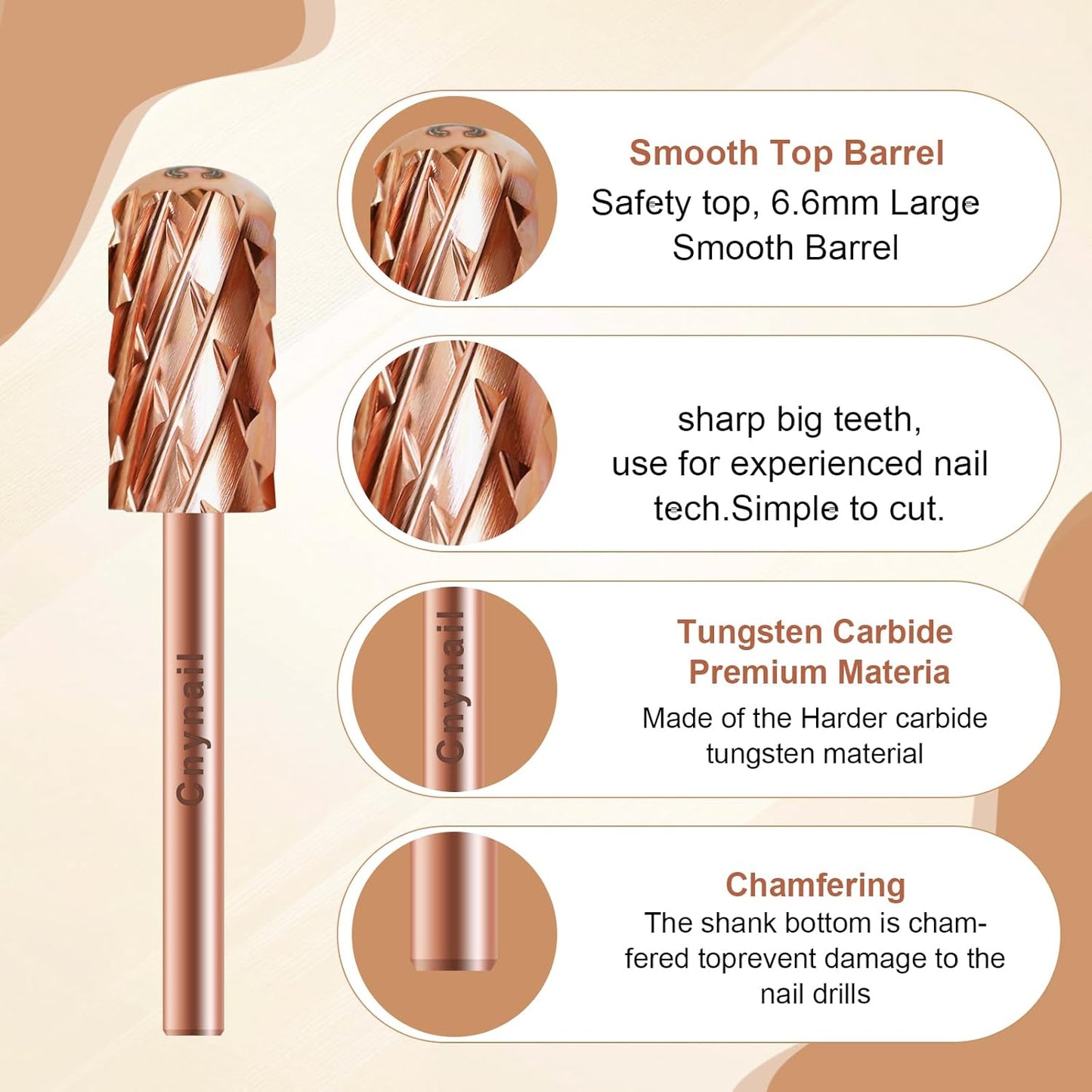 3/32" Large Barrel Smooth Round Top Tungsten Carbide Nail Drill Bit Safety Bit for Gel & Acrylic Removal, Right Way Rotating Efile Tip, Salon Electric File Accessory (5XC Grit, Rose Gold)