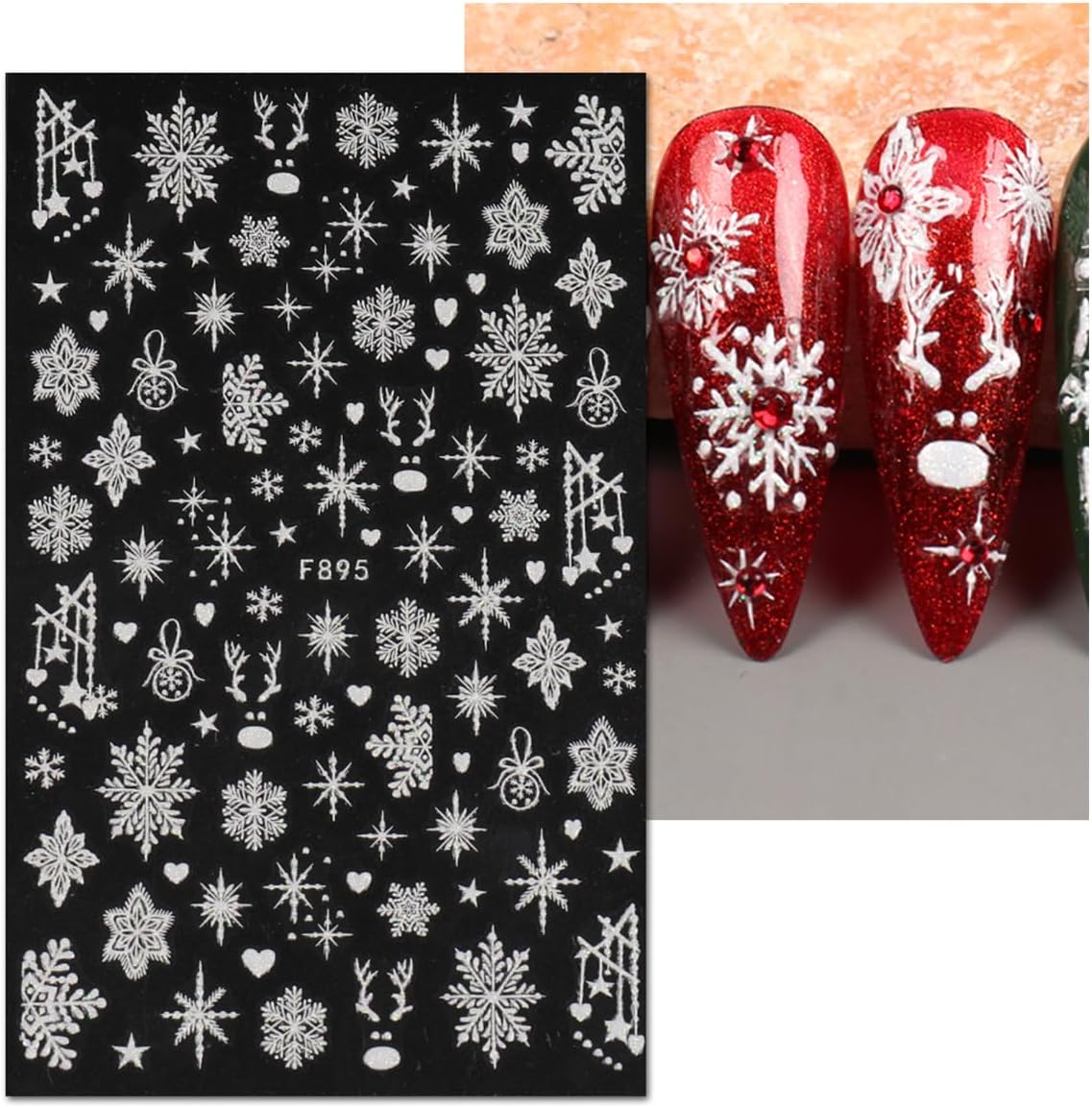 JMEOWIO 8 Sheets Christmas White Glitter Nail Art Stickers Decals Self-Adhesive Snowflake Winter Holiday Nail Supplies Nail Art Design Decoration Accessories