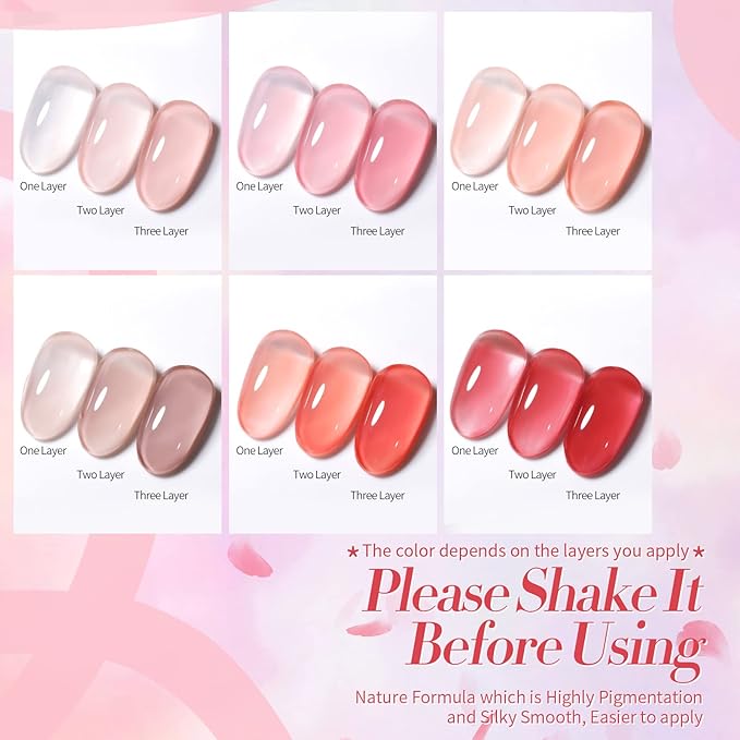 Born Pretty Jelly Nude Pink Gel Nail Polish Sheer Transparent Gel Polish 6Colors Soak Off U v Light Cure Gel Polish Kit for Salon and Nail Art DIY at Home