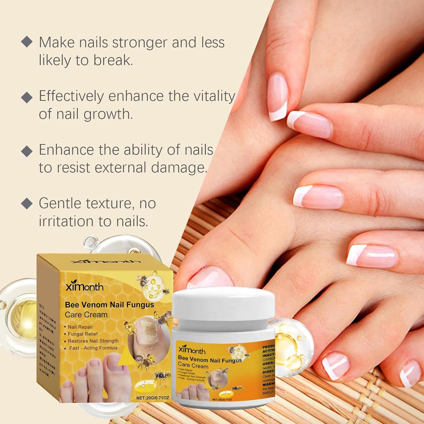 Bee Venom Nail Care Cream with Keratin & Hyaluronic Acid - Intensive Nail Care for Damaged & Brittle Nails, Cuticle Moisturizer for Men and Women, 0.71 Oz