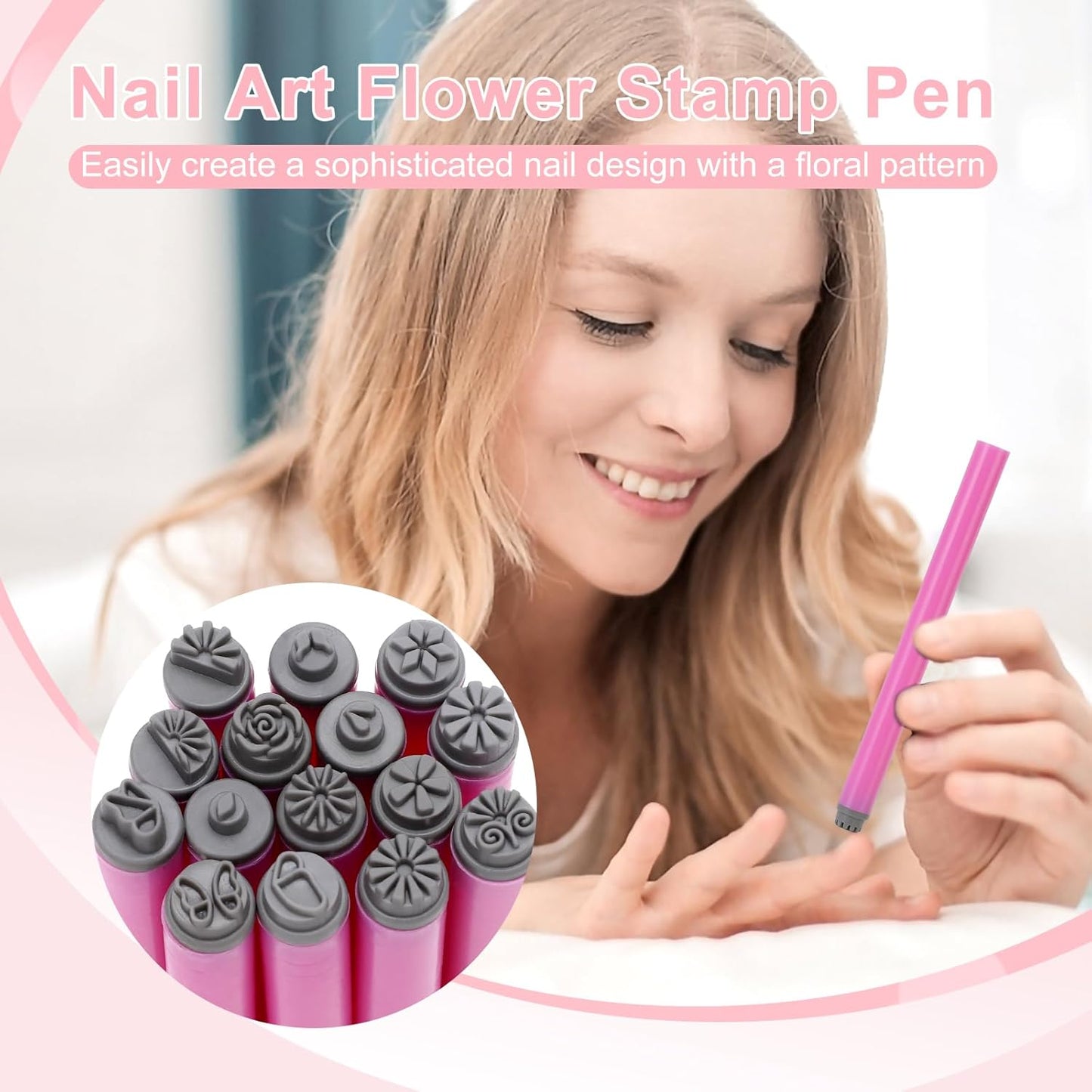 Nail Art Stamp Pen Set - 15pcs Professional Nail Stamping Kit with Floral Patterns, Silicone Tools for DIY Nail Art Designs for Beginners Women Girls (15Pcs Set)