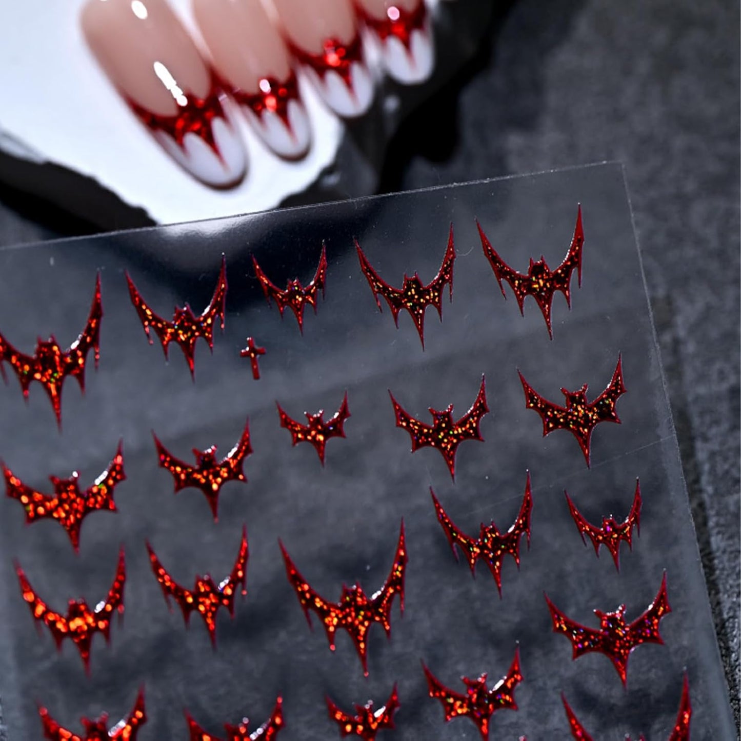 Halloween Nail Art Stickers 3D Self-Adhesive Red Glitter Bat Nail Stickers with Glitter Bloody Bats Nail Decals Horror Design Sticker for Women Manicure Decoration Cardboard Set 1 Sheets