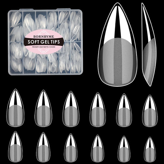 Medium Stiletto Soft Gel Nail Tips, BORNBYME 240 PCS Pre Buff Full Cover Shaped Nail Extenison Tips Half Matte Gel Nail Tips