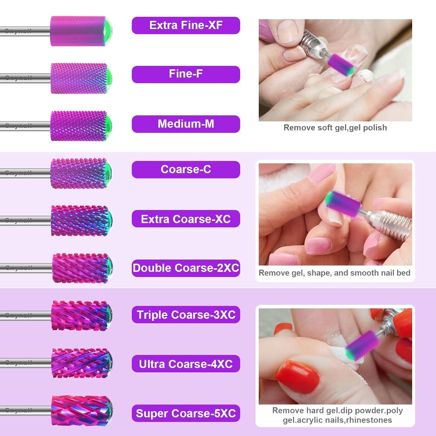 3/32" 2PCS Large Barrel Smooth Round Top Tungsten Carbide Nail Drill Bit Safety Bit for Gel & Acrylic Removal, 2-Way Rotating Efile Tip, Salon Electric File Accessory (XC Grit, Purple)