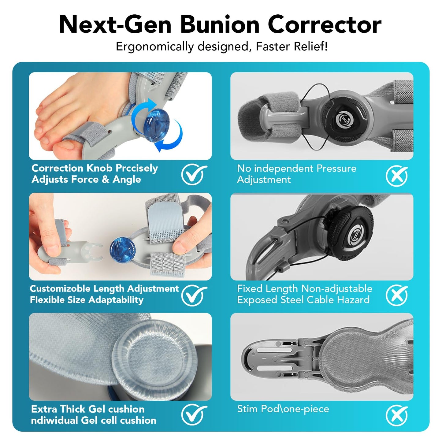 Bunion Corrector for Women Big Toe, Upgraded Adjustable Fix Bunion Relief, Men Big Toe Separator with Soft Gel Pad for Left/Right Feet Fit for All Foot Sizes (Gray 1Pcs)