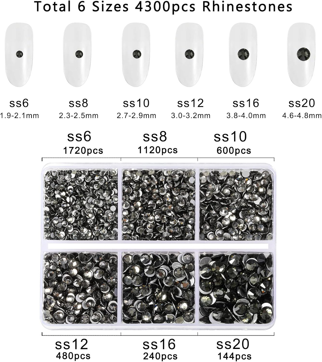 Beadsland 4300pcs Flatback Rhinestones,Gray Rhinestone Nail Gems Round Crystal Rhinestones for Crafts,Mixed 6 Sizes with Picking Tweezers and Wax Pencil Kit, SS6-SS20,Black Diamond