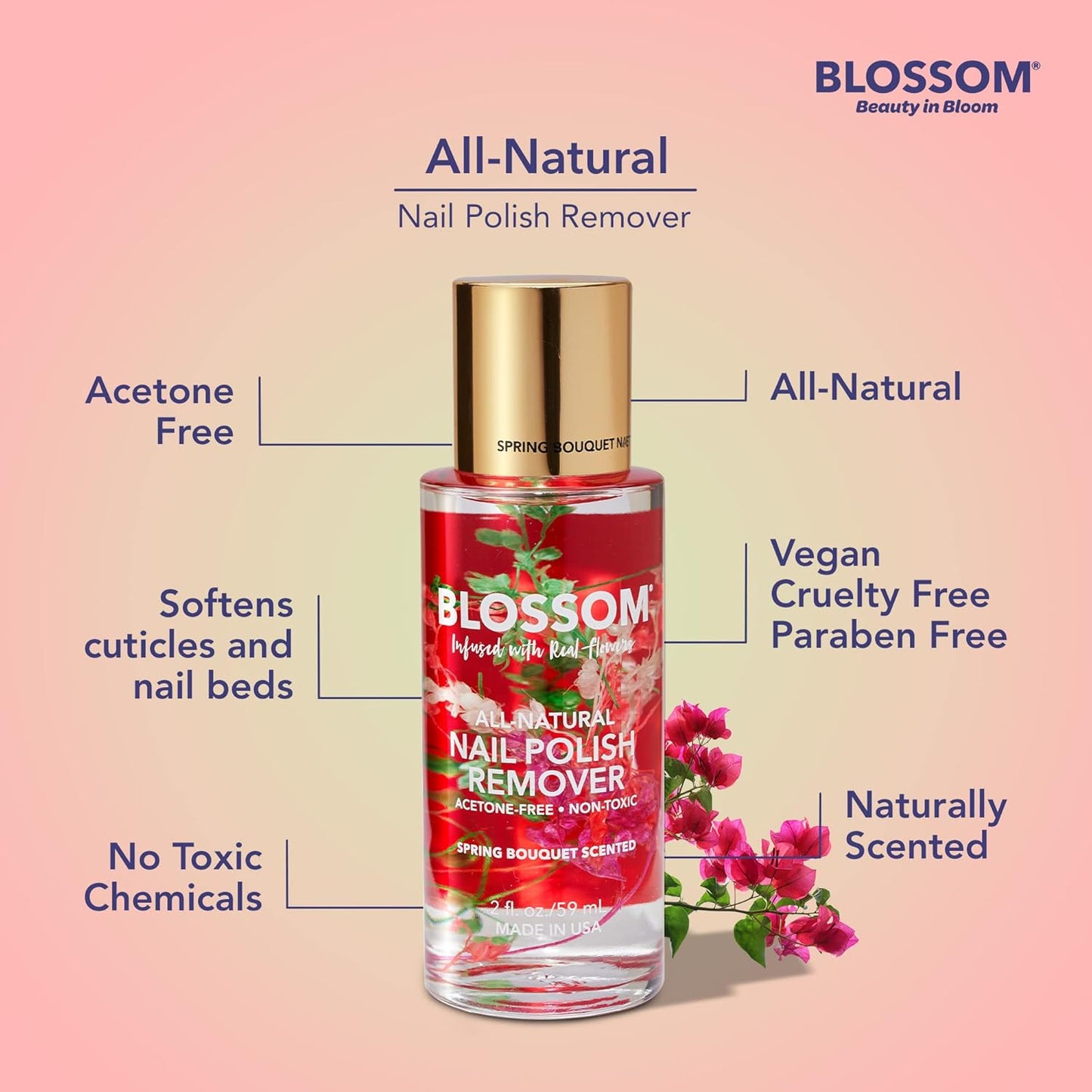 Blossom Non Toxic Nail Polish Remover Non Acetone, All Natural Scented, Vegan, Acetone Free Nail Polish Remover, Organic Plant-Based, Infused with Real Flowers, Made in USA, 2oz, Spring Bouquet