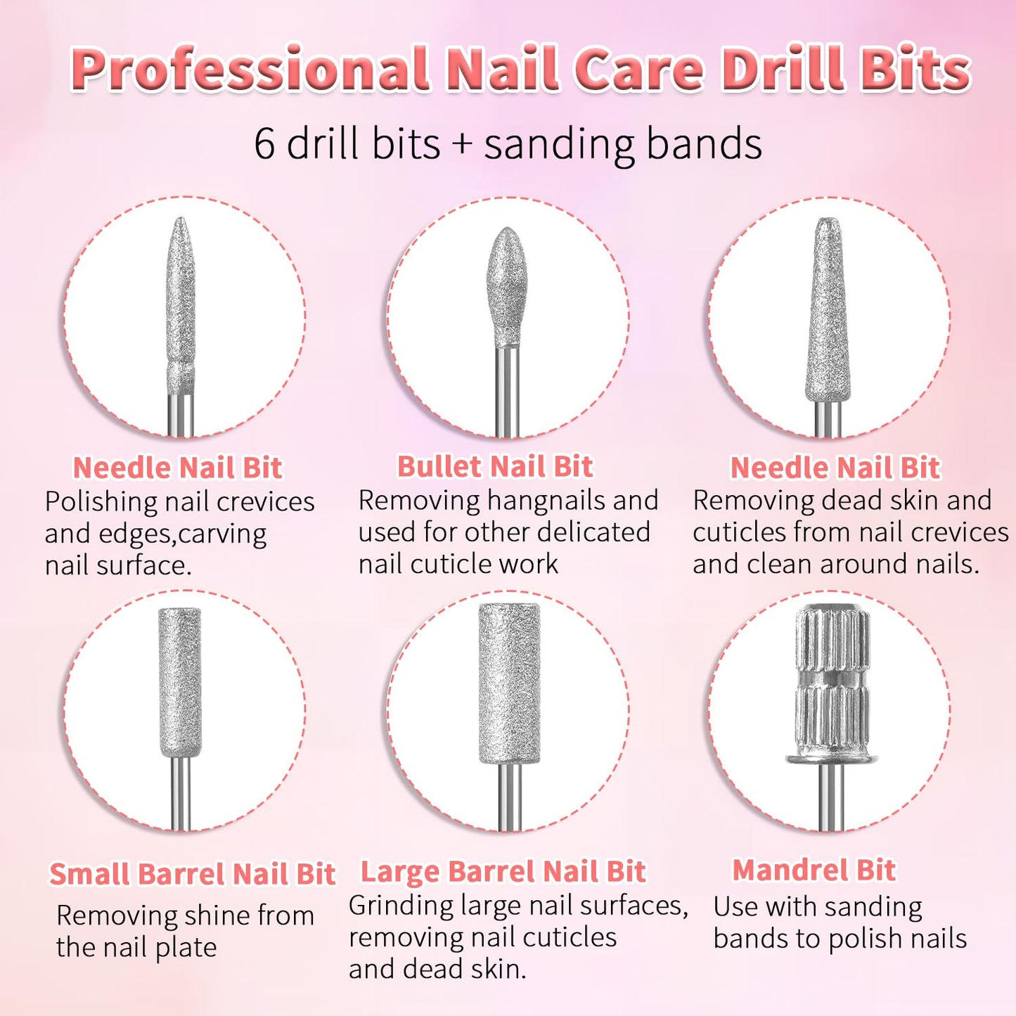 6 Pcs Nail Drill Bits Set,3/32'' Professional Nail Bits for Manicure Pedicure