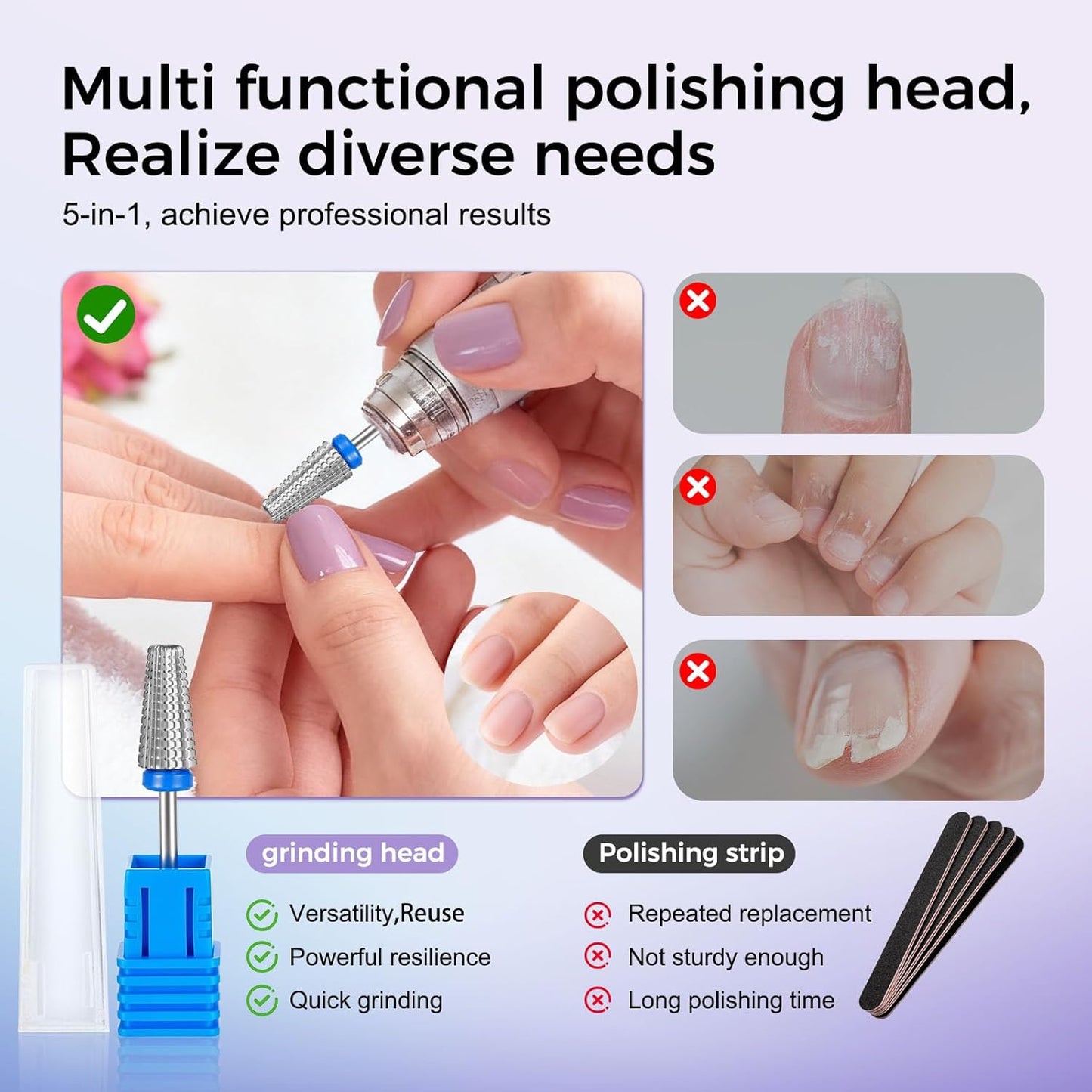Fantexy 5 in 1 Nail Drill Bits,Professional 3/32" Shank Tungsten Steel Bits for Acrylic Nails,Manicure,Nail Art,Drill Machine,Both Left and Right Handed - Two Way Rotate Use (Medium - M)