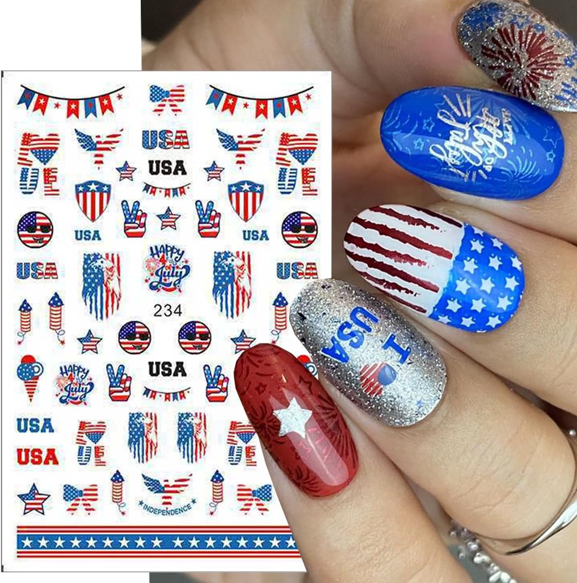 6Pcs/Celebrate 4th of July Nail Stickers for Nail Art Set - Independence Day Fireworks USA America UK Flags Adhesive Nail Art Sticker Decals DIY Patriotic Manicure Sliders Decorations Supplies