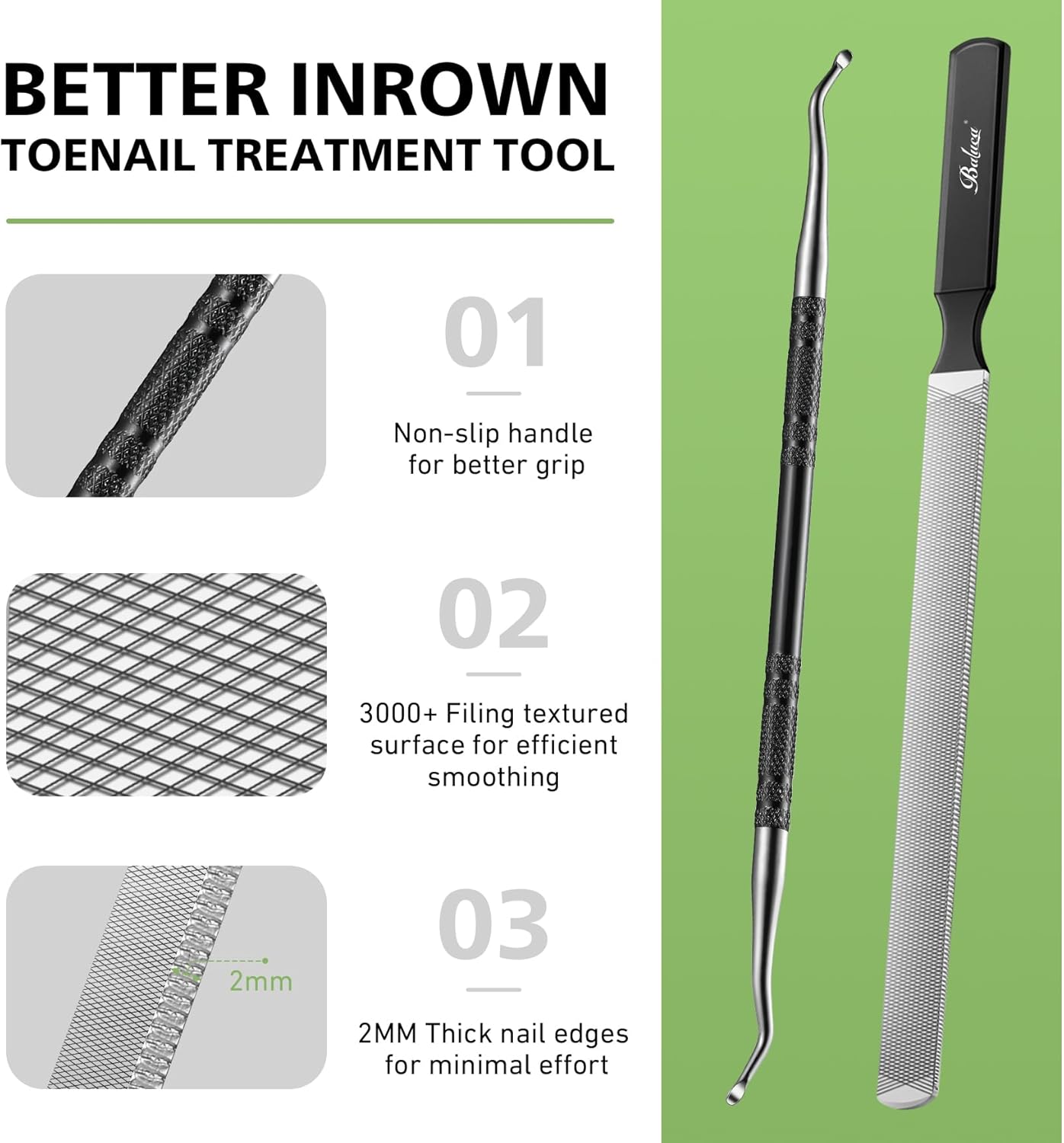 BALUCA Toenail File for Thick Nails & Ingrown Relief | Heavy Duty Metal Emery Board with Toenail Lifter for Seniors, Coarse Grit & Durable Stainless Steel Design (Black, 1.0, Count, 180/240 Grit)