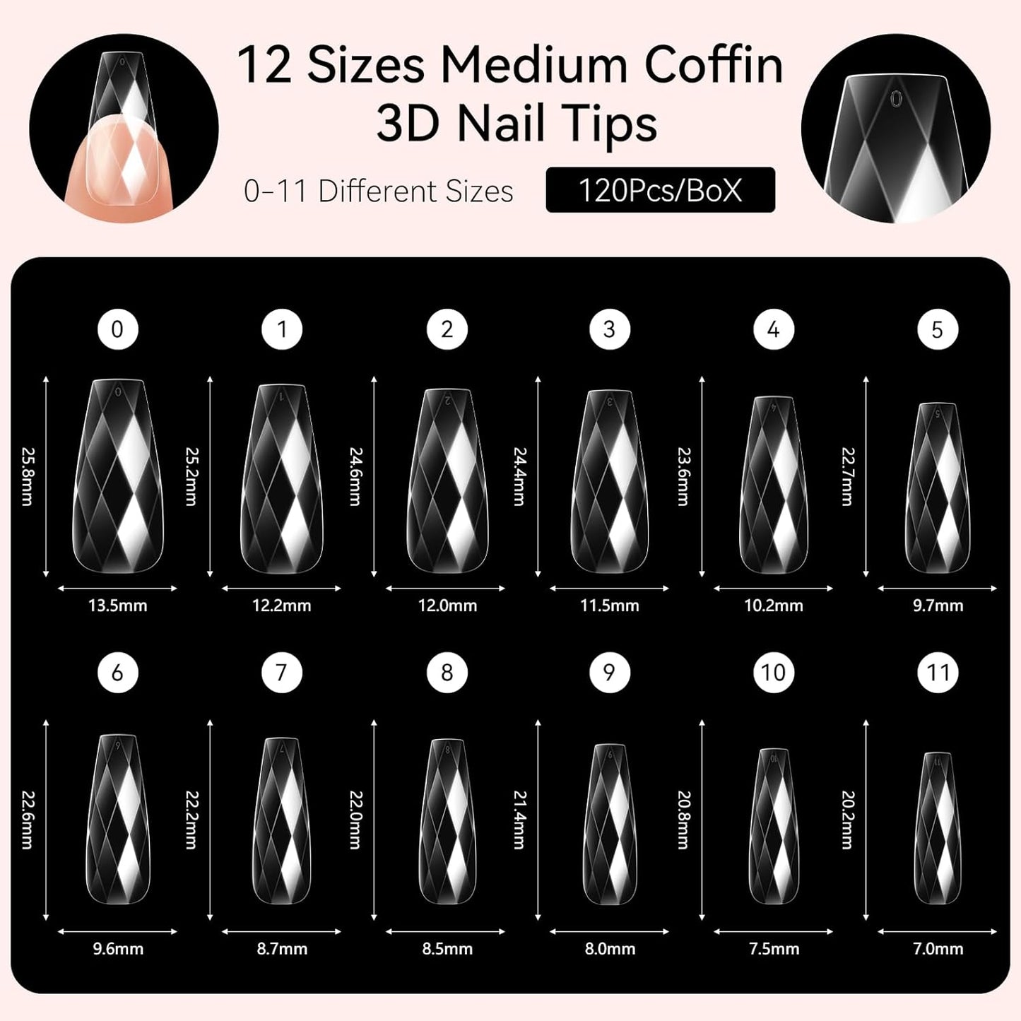 Makartt Medium Coffin Soft Gel Nail Tips: 120pcs 3D Diamond-Shaped Fake Nails Extension, 12 Sizes Full Cover Clear Press-On Tip, Natural Rhombus Lattice, Suit for Chrome Nail Powder
