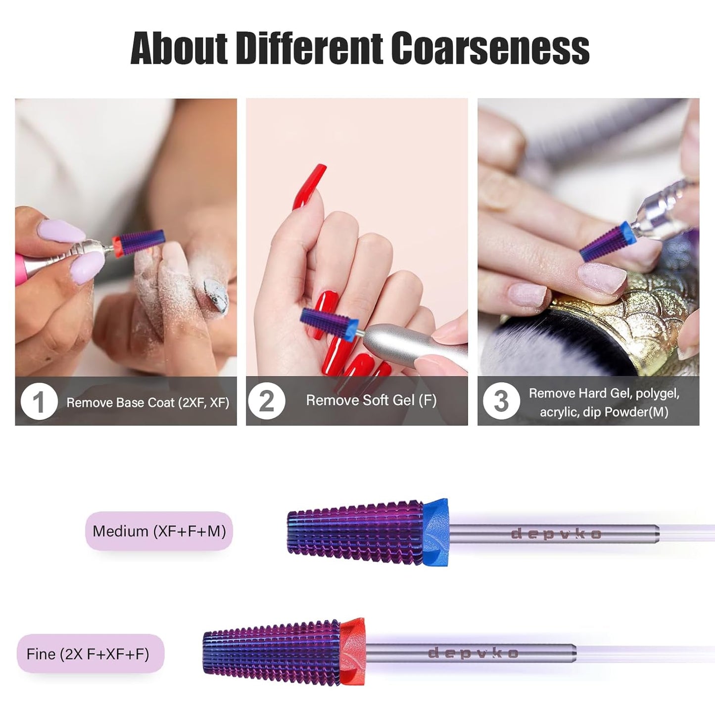Depvko Super Long 5 in 1 Nail Drill Bits, 3/32'' Carbide Tungsten Bits, Two Way Rotate Professional Advanced Safety Bits for Nail, Fast Remove for Manicure Pedicure (Classic 5in1-Purple, Medium-M)