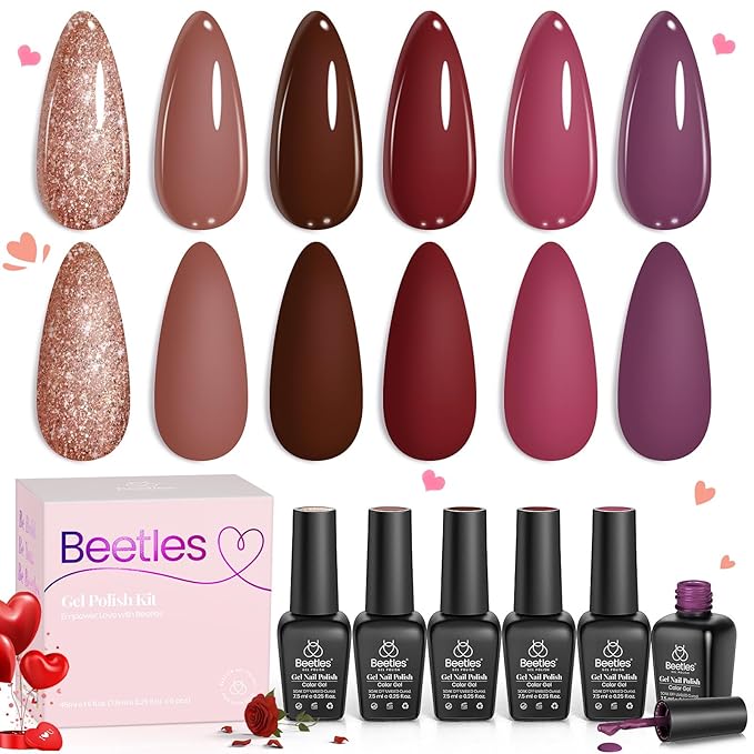 Beetles Winter Gel Nail Polish Set Plum Burgundy Red Brown Glitter 6Pcs Gel Polish Kit Soak Off UV LED Nail Lamp Art Manicure Salon DIY Home Gifts for Women Silent Flower