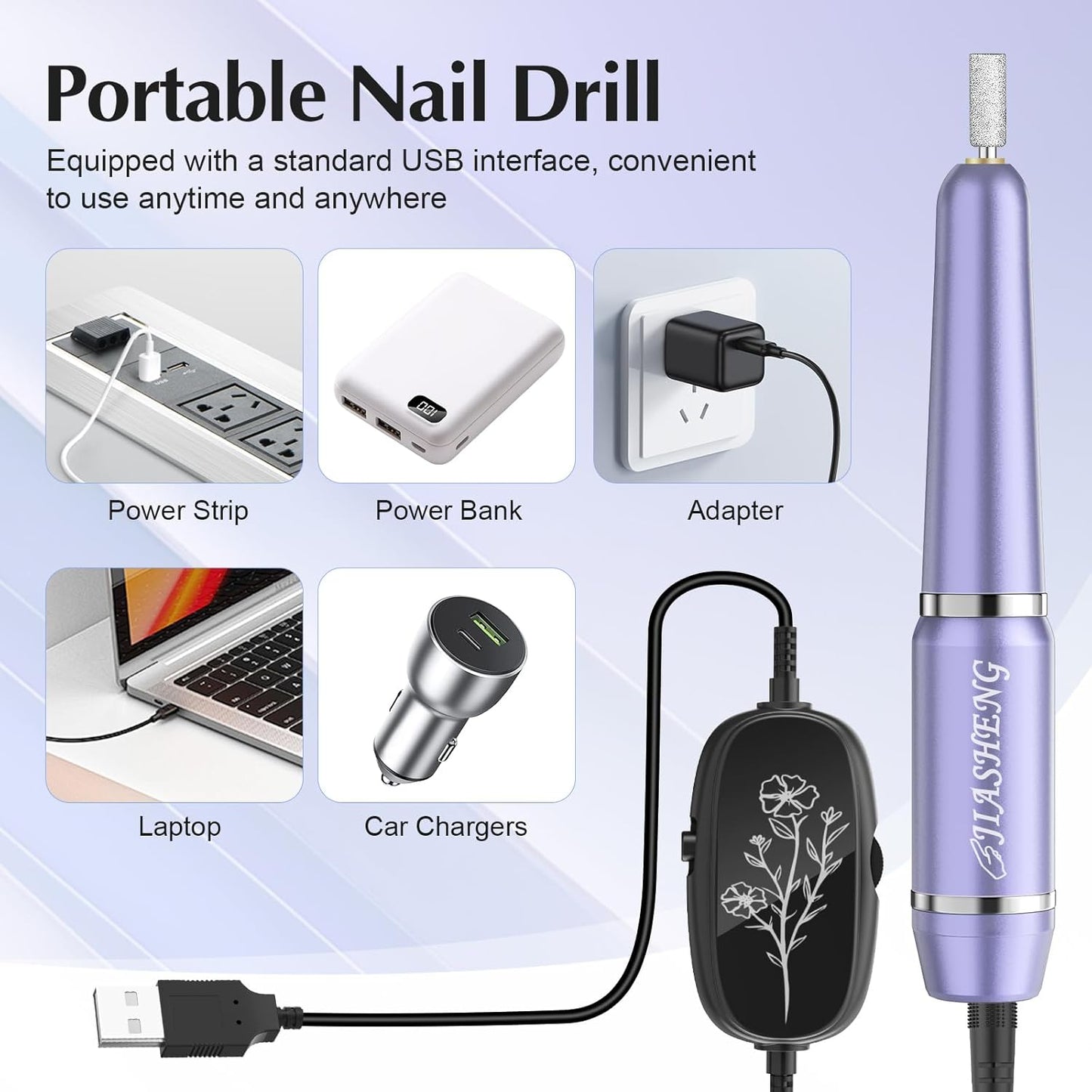 JIASHENG USB Electric Nail Drill, Portable Electric Nail File for Acrylic Gel Nails, Professional Drill Nail Kit Manicure and Pedicure Kit with Drill Bits for Home and Salon Use, Lilac