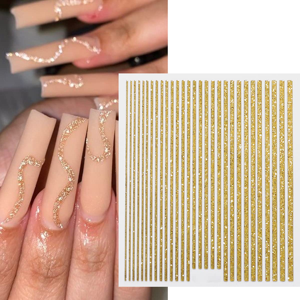6 Sheets 3D Glitter Lines Nail Art Stickers - Gold Metallic Supplies, Metal Decals, French Effect Silver Design, Simple Line Glitter Sticker for Women DIY Decoration