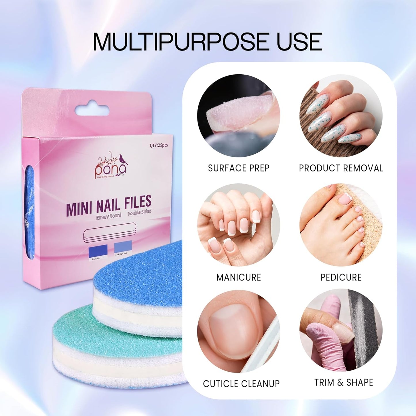 25PCS Mini Size PANA Professional Double Sided Nail Files - Blue, 180/240 Grit - Emery Board Nail Buffering File Manicure Pedicure Nail Polisher Washable