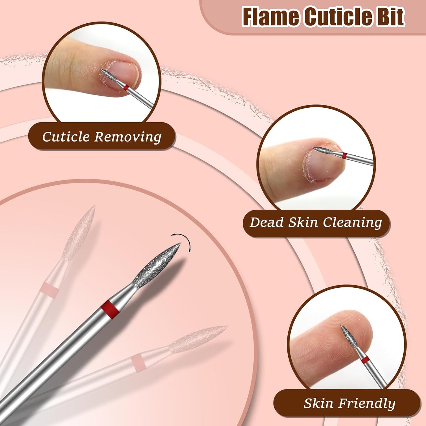 2mm Flame Shape Cuticle Clean Nail Drill Bit 3/32'', Professional Safety Carbide Diamond Under Nail Cleaner for Cuticle Dead Skin Nail Prepare, Two Way Rotate, Manicure Salon Supply (Sliver, Fine)