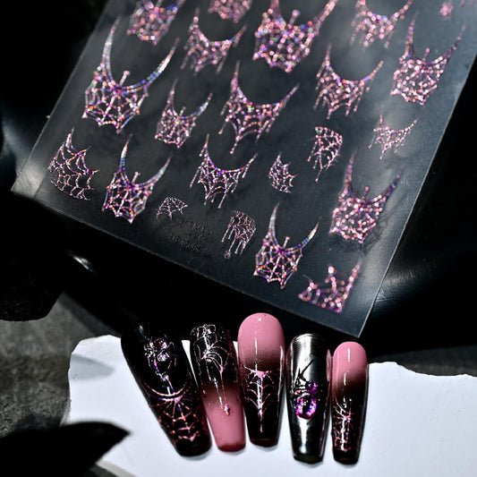1 Sheets Halloween Nail Stickers for Nail Art 5D Self-Adhesive Embossed Pink Spider Web Nail Art Stickers Halloween Spider Web Nail Decals Glitter Nail Design Sticker for Women DIY Nails Decoration