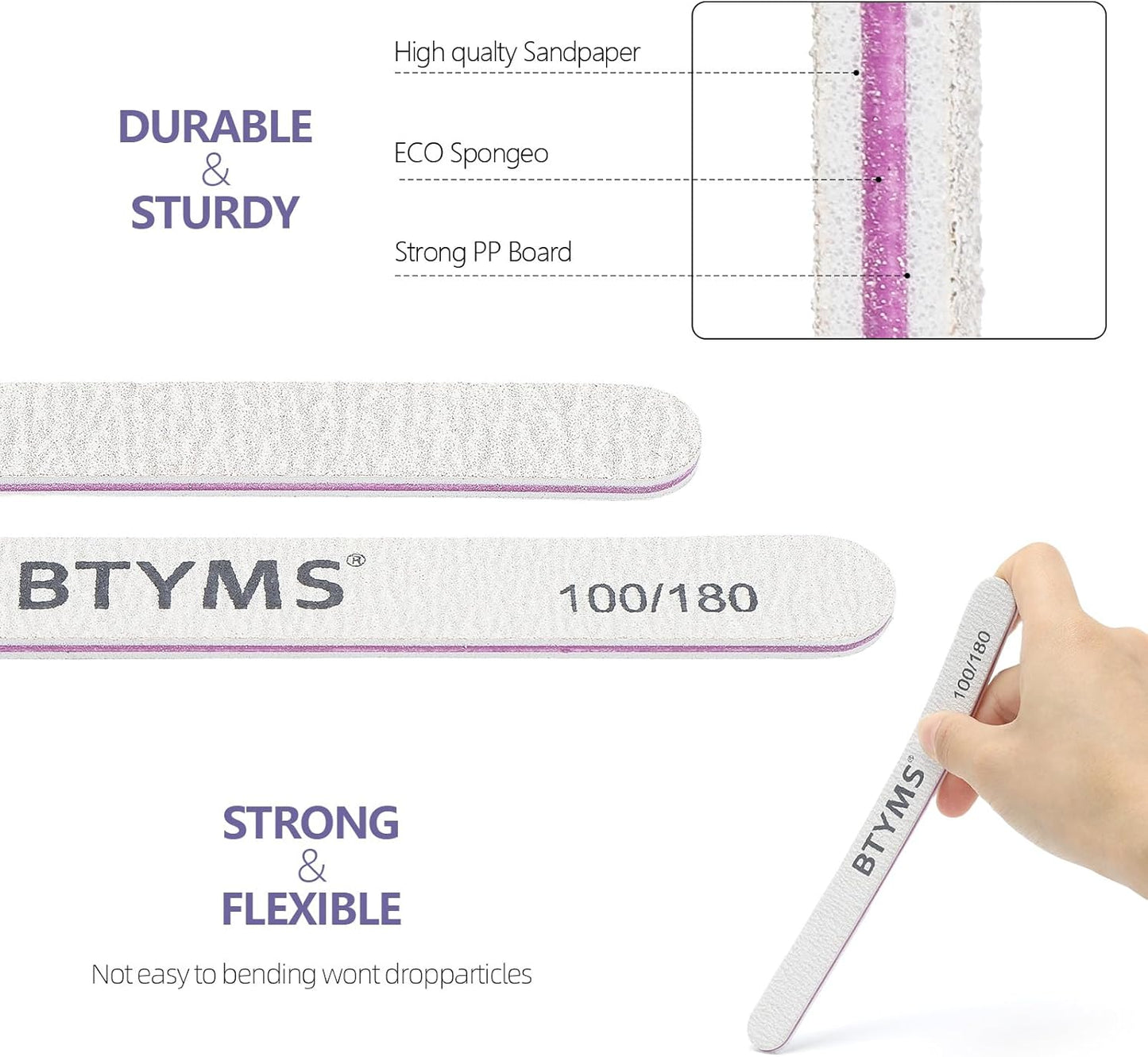 BTYMS 30Pcs 100/180 Grit Nail Files for Acrylic and Natural Nails，Double Sided Emery Board Nail Buffering Files