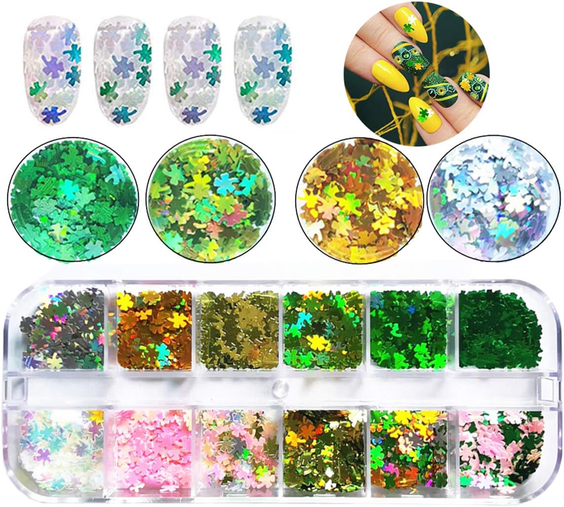 St. Patrick's Day Nail Art Glitters Green Clover Flakes Nail Sequins 3D Shamrocks Nail Art Glitter Design Holographic Leaf Sequin Nails Supplies Shine Lucky Nail Art Stickers Decorations DIY Crafts