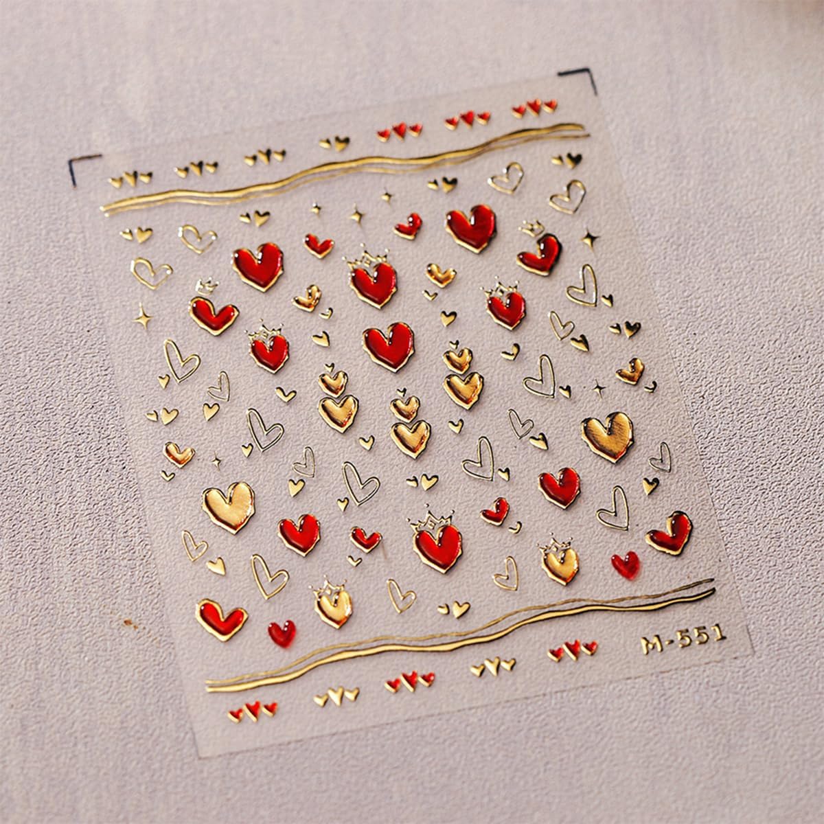 5D Embossed Heart Nail Stickers for Art - Gold Red Self-Adhesive Valentine's Day Decals - Golden Design for Women - Nail Supplies Decorations Accessories