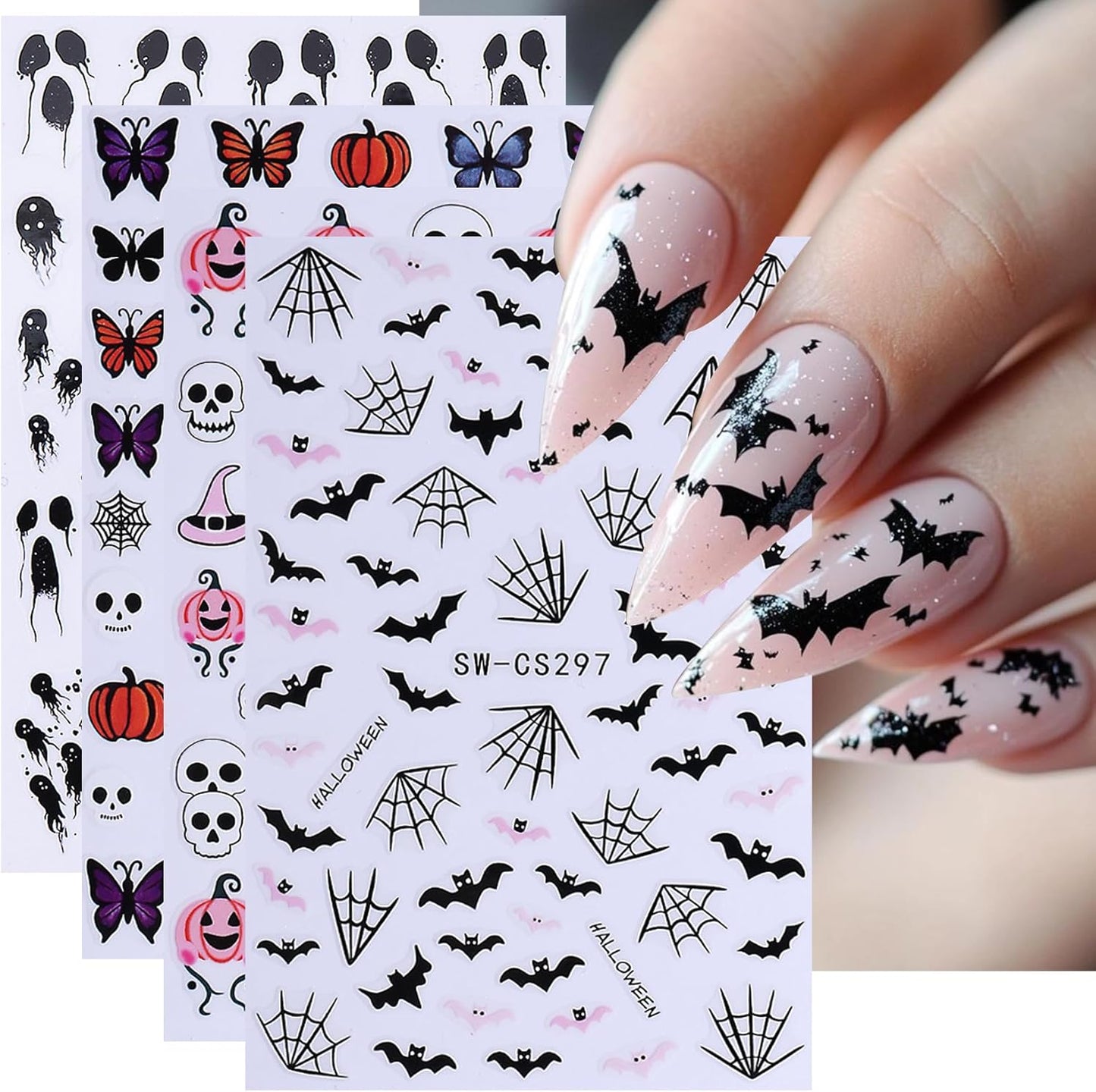 Halloween Stickers for Nails Art 12PCS 3D Cute Ghost Skull Nail Decals with Tweezers Self Adhesive Luminous Designs Acrylic Nails Supplies Bat Skeleton Spider Web Stickers for Women Girl DIY Decor