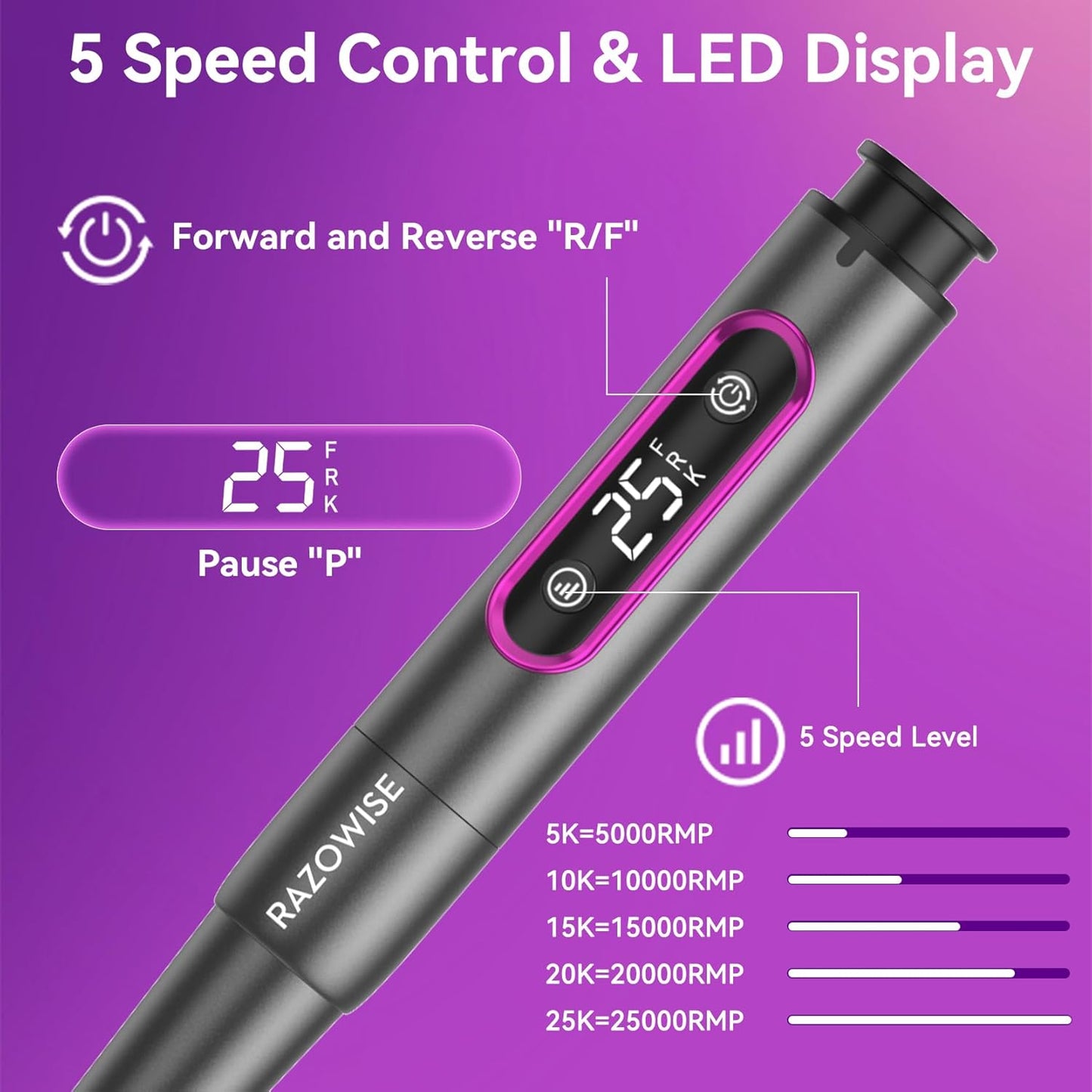 Nail Drill Electric File: Professional for Acrylic Gel Powder Nails Portable Nail Drill for Manicure Pedicure Nail Efile 5 Speeds 12 in 1 with LED Display Rechargeable, Grey