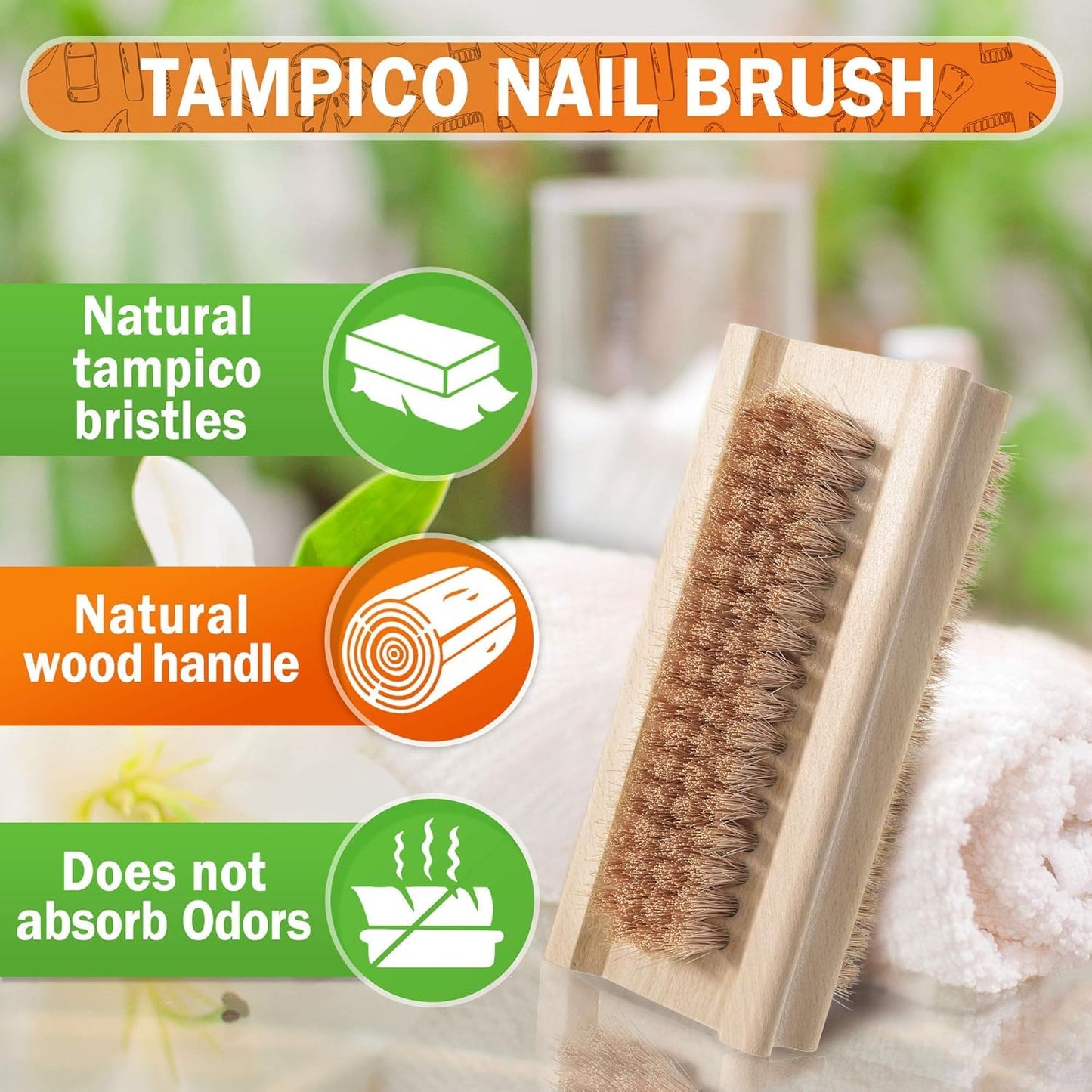 Konex Non-Slip Wooden Two-sided Hand and Nail Brush with Tampico Fiber Bristle. Fingernail brush with Beechwood body and Plant Based Fibers (Pack of 2)