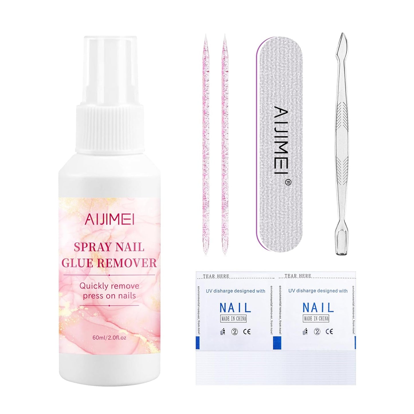 AIJIMEI Press on Nail Remover Kit Spray Nail Glue Remover with Crystal Rod NailPolish Remover Pads NailGlue Remover for Press On Nails for Easy Removal Debonder (60ml/2fl.oz)