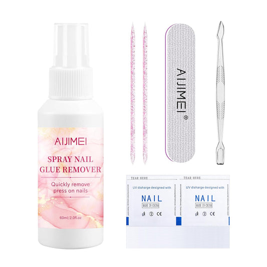 AIJIMEI Press on Nail Remover Kit Spray Nail Glue Remover with Crystal Rod NailPolish Remover Pads NailGlue Remover for Press On Nails for Easy Removal Debonder (60ml/2fl.oz)