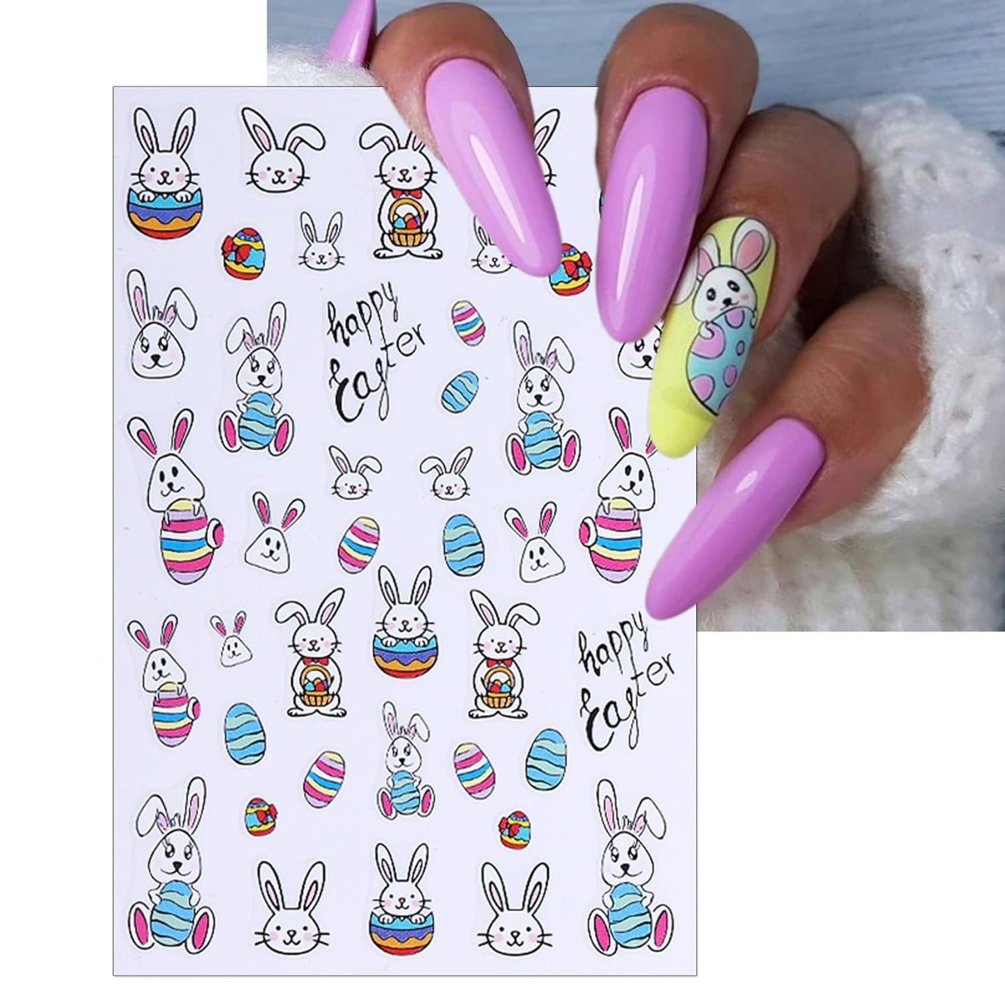Easter Nail Art Stickers - Bunny Eggs Chick Self-Adhesive 3D Nail Decals for DIY Spring Holiday Floral Rabbits Carrot Manicure (3 Sheets)