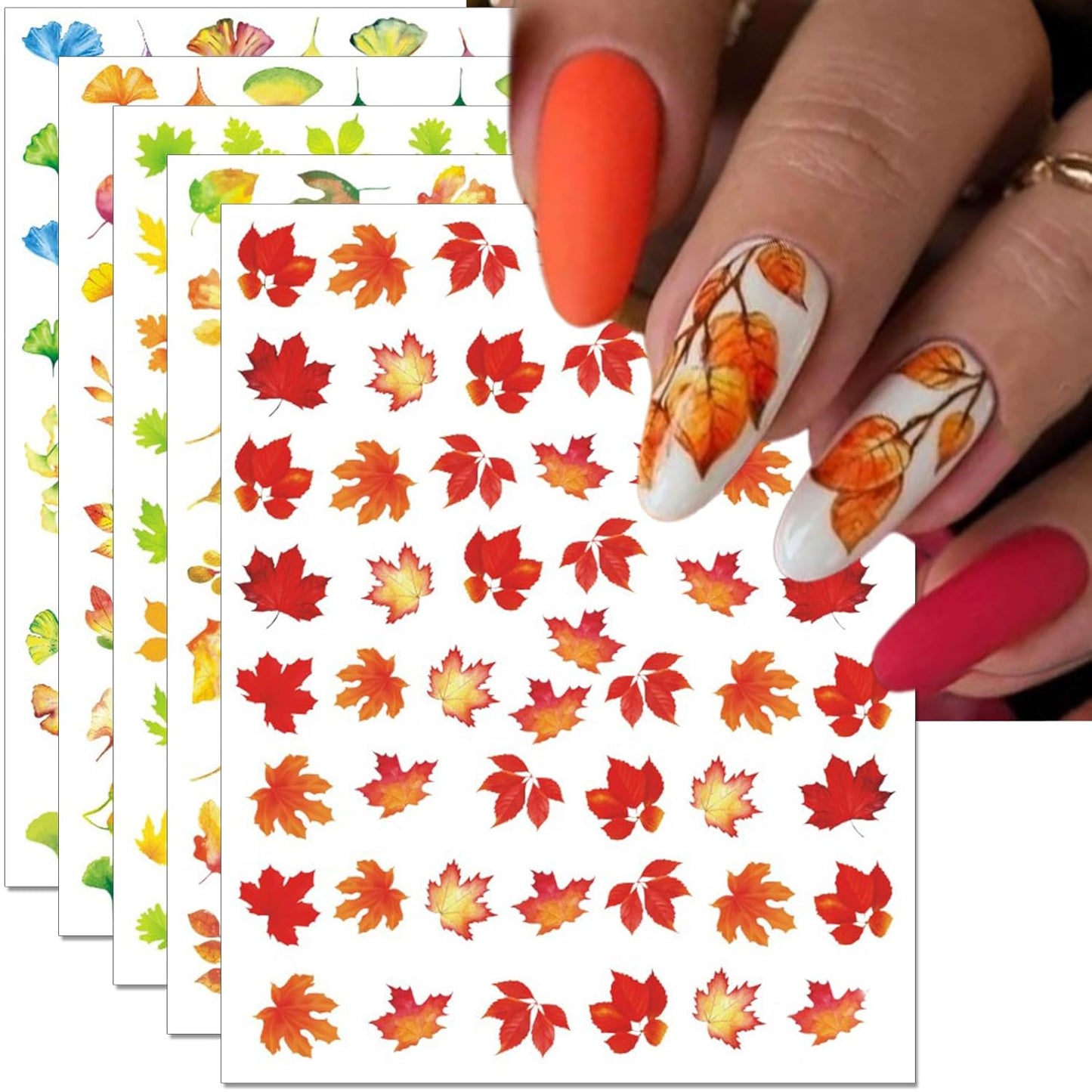 Fall Nail Art Stickers, Thanksgiving Day Laser Glitter Nail Decals, 3D Self-Adhesive Maple Ginkgo for DIY Nail Supplies Decoration(6 Sheets)