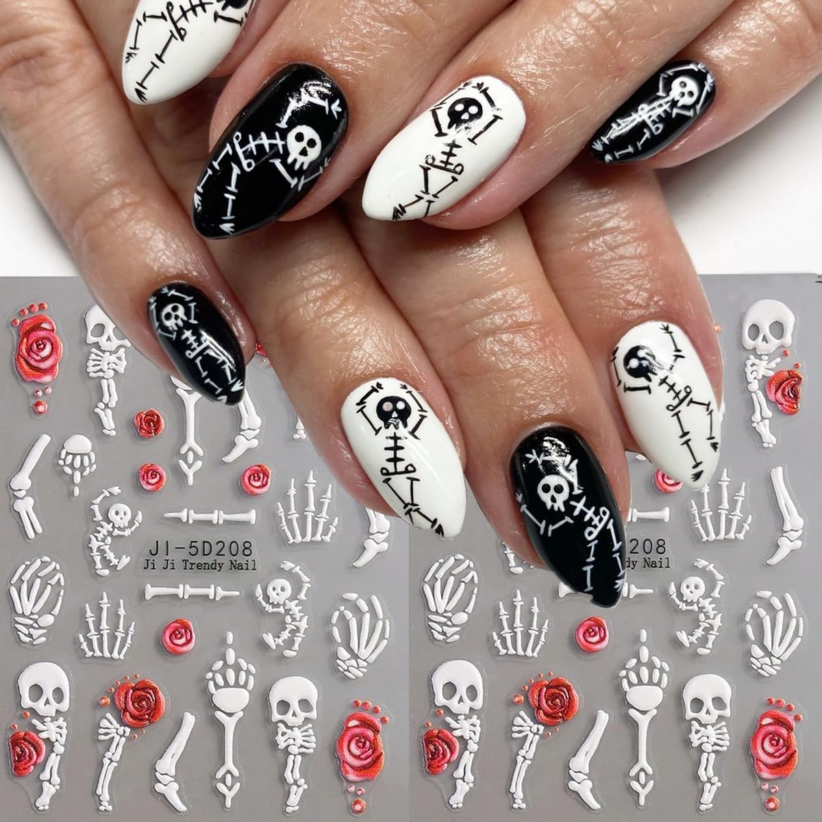 Halloween Nail Art Stickers 4PCS 5D Embossed Skeleton Rose Skull Nail Decals Self-Adhesive Nail Art Supplies Fantasy Bone Design Halloween Manicure Stickers for Women DIY Nail Art Decorations