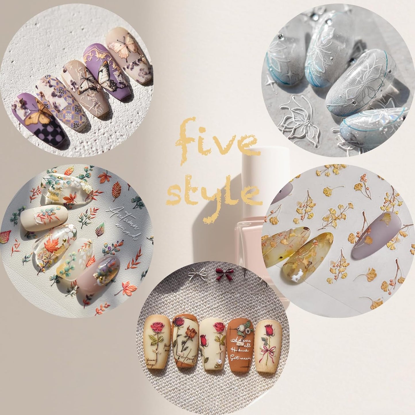 Fall Nail Stickers 5D Embossed Self-Adhesive for Nail Art, 2 Sheets 5 Designs with Vintage Roses, Autumn Maple Leaves, White Hibiscus Flowers, Fall Nail Decals Supplies for Women