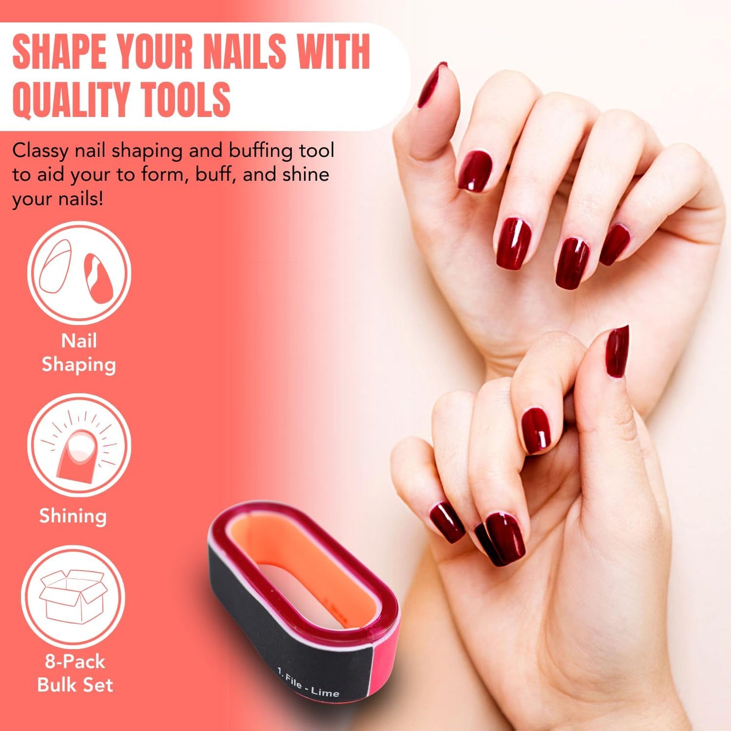 Iconikal 8-Pack Pink & Black 3-Way Nail Buffing Block Loops, Rounded Rectangle Shaped Manicure Tools for Filing, Buffing & Shining Natural Acrylic Nails