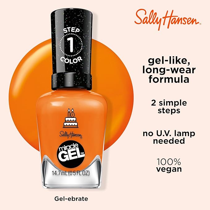 Sally Hansen Miracle Gel Salon Quality Nail Polish | Gel-Like Formula, Two-Step System, No UV Light Needed, Long Lasting | Sheer, Glittery | 386 Gelebrate | Bright Orange Nail Color