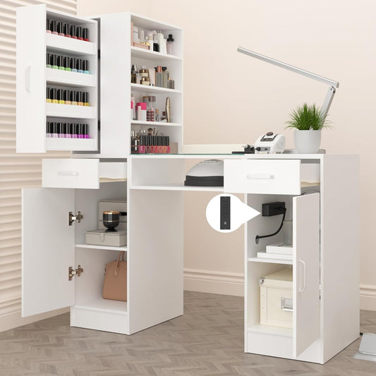 Manicure Table Nail Desk for Nail Tech with Glass Top & Wrist Rest,Nail Desk Station with Power Outlets,Shelves, Storage Cabinets, Drawers,Beauty Salon Workstation(White)
