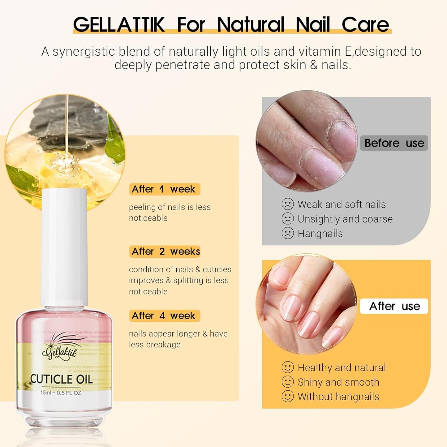 Cuticle Oil, 15ml Cuticle Oil for Nails on Brush with Vitamin E & Rose Oil, Nourishing, Strengthening, Moisturizing, Repairs Dry Cuticles & Damaged Nails, Fast Absorbing Nail Treatment
