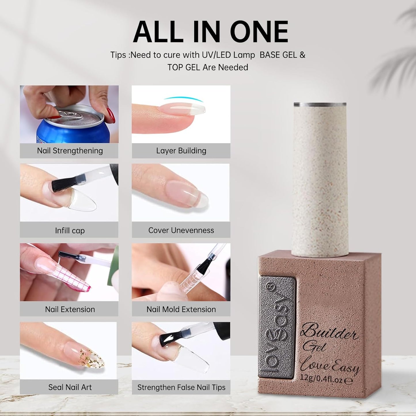 Clear Builder Gel for Nails, Soft Polish Thickness Strengthener Extender Apex Fast Leveling 28+ Days Chip Resistance Hypoallergenic & Odorless for Thin Weak (U V Nail Lamp Needed, pH 6.8)