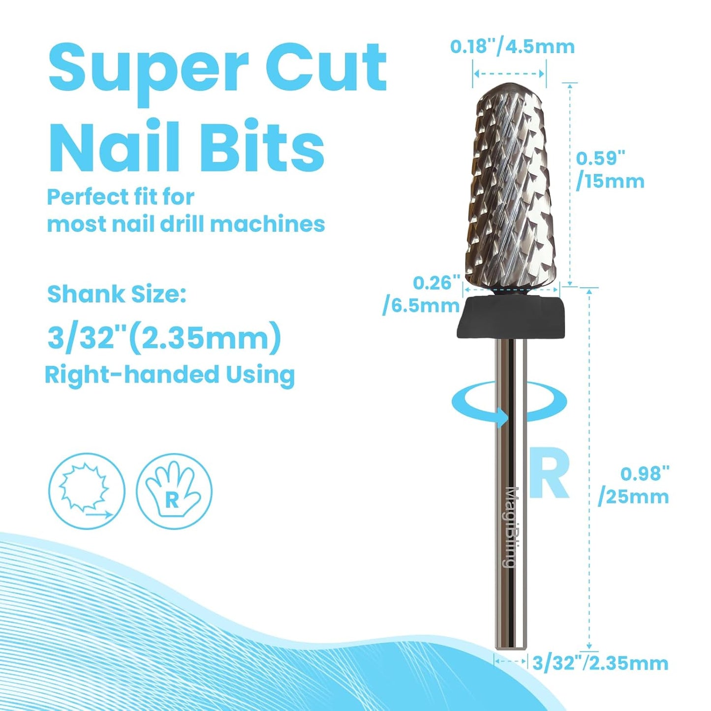 Super Cut Tapered Barrel 3/32'' Safety Tungsten Nail Drill Bits, Remove Gel Fast, Right handed, Suitable for Manicure Pedicure Cuticle Gel Polishing, Technicians Bits, Grit: Coarse.