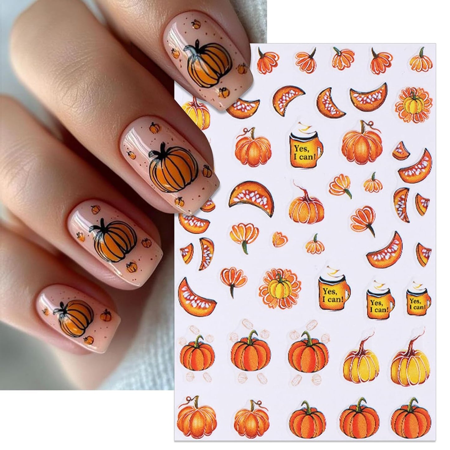 8 Sheets Fall Nail Stickers - Autumn Pumpkin Leaf Floral Self-Adhesive 3D Nail Decals for Women Girls DIY Thanksgiving Day Manicure