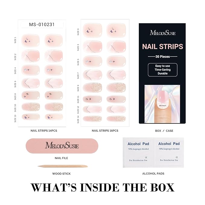 MelodySusie 30PCS Semi Cured Gel Nail Strips (Tender Pink), Works with Nail lamp, Salon Quality, Long Lasting, Easy to Apply and Remove, Includes 2 Prep Pads, Nail File and Wooden Stick