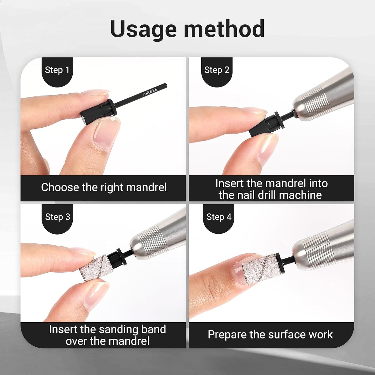AIRSEE Nail Drill Mandrel Bit for Efile Sanding Bands, Stainless Steel Professional Electric File Head for Clean Cuticle Removing, Acrylic Tip Dead Skin Sander Remover Manicure Safety (Classic Black)