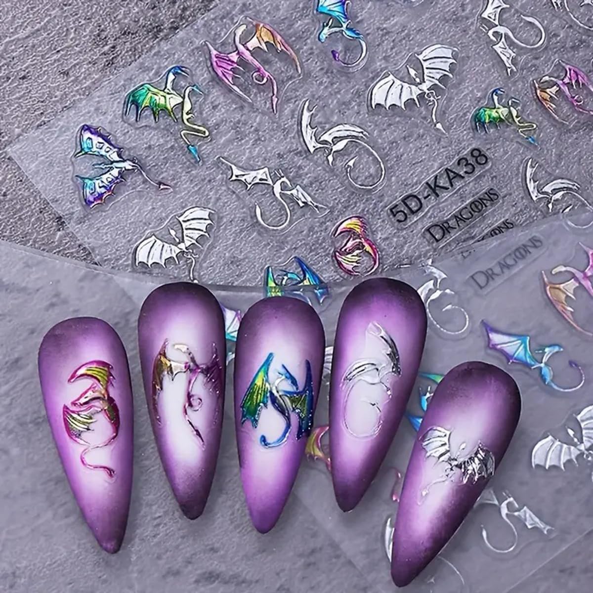 5D Embossed Dragon Nail Art Stickers 2PCS Silvery Flying Devil Bat Halloween Nail Decals Nail Art Supplies Sweet& Cool Flying Dragon Self-Adhesive Nail Stickers for Women DIY Nail Salon Decoration